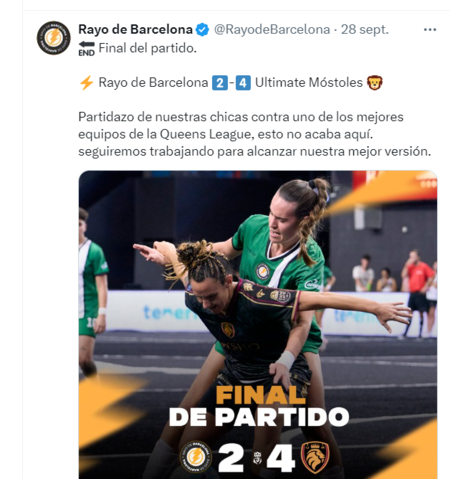 Publication on 'X' from the official account of Rayo de Barcelona