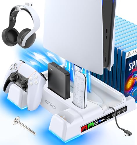 OIVO Stand for PS5 with 3-Speed Fan, PS5 Controller Charger with RGB Light, Vertical PS5 Stand with 3 USB Ports and 14 Games Slots for PS5 Console